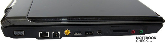 lewy bok: VGA, LAN. modem, S-Video, 2x USB, FireWire, ExpressCard, czytnik kart, wejście mikrofonowe, wyjście słuchawkowe