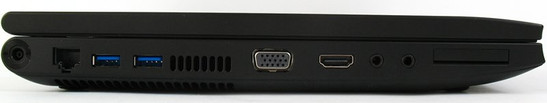 lewy bok: gniazdo zasilania, LAN, 2x USB 3.0, VGA, HDMI, gniazda audio, ExpressCard/34
