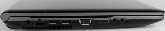 lewy bok: wylot wentylacji, gniazdo zasilania, LAN, 2x USB 2.0, VGA, HDMI, złącza audio, czytnik kart