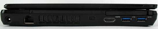 lewy bok: gniazdo zasilania, LAN, blokada Kensingtona, HDMI, 2x USB 3.0, ExpressCard/34
