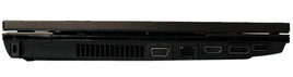 lewy bok: gniazdo blokady Kensingtona, szczeliny wentylacyjne, VGA, LAN, HDMI, eSATA/USB, ExpressCard/34, USB