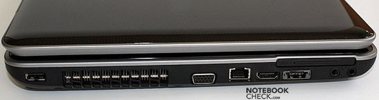 lewy bok: USB, wylot wentylacji, VGA, LAN, HDMI, eSATA/USB, wejście mikrofonowe, wyjście słuchawkowe, ExpressCard/34
