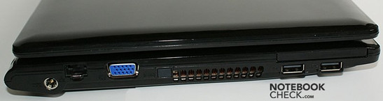 lewy bok: gniazdo zasilania, LAN, VGA, zaślepka na FireWire, wylot wentylatora, ExpressCard, 2x USB