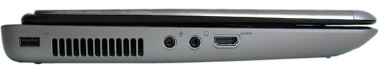 lewy bok: USB, szczeliny wentylacyjne, gniazda audio, HDMI