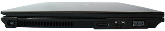 lewy bok: gniazdo zasilania, DisplayPort, LAN, VGA
