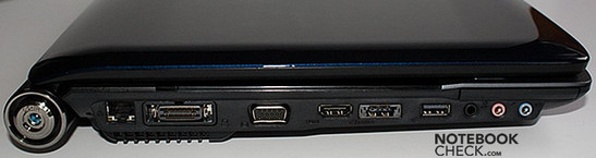lewy bok: gniazdo zasilania, LAN, gniazdo stacji dokującej, VGA, HDMI, USB/eSATA, USB, SPDIF, wejście mikrofonowe, wyjście słuchawkowe