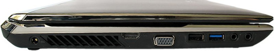 lewy bok: gniazdo zasilania, HDMI, VGA, USB, USB 3.0, gniazda audio
