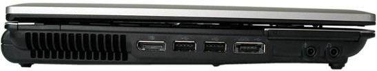 lewy bok: szczeliny wentylacyjne, DisplayPort, 2x USB, USB/eSATA, ExpressCard/54, gniazda audio