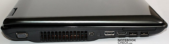 lewy bok: VGA, wylot wentylacji, FireWire, miejsce na gniazdo antenowe, e-SATA/USB, HDMI, ExpressCard, 2x USB