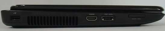 lewy bok: USB 2.0, szczeliny wentylacyjne, HDMI, eSATA/USB 2.0, czytnik kart pamięci