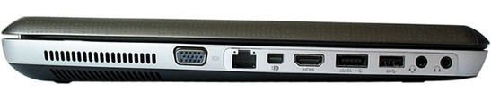 lewy bok: VGA, LAN, mini DisplayPort, HDMI, USB/eSATA, USB 3.0, dwa wyjścia słuchawkowe w tym jedno z wejściem mikrofonowym