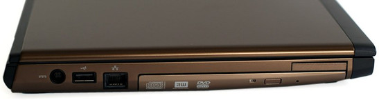 lewy bok: gniazdo zasilania, USB, LAN, ExpressCard/34, napęd optyczny