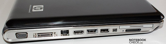 lewy bok: VGA, gniazdo stacji dokującej, LAN, HDMI, eSATA/USB, USB, FireWire, ExpressCard, czytnik kart