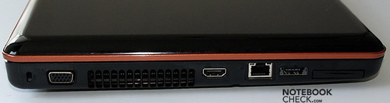 lewy bok: blokada Kensingtona, VGA, wylot wentylacji, HDMI, LAN, eSATA/USB, ExpressCard/34