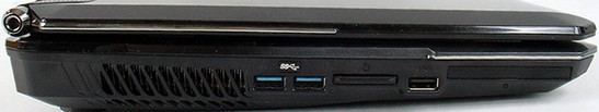 lewy bok: szczeliny wentylacyjne, 2x USB 3.0, czytnik kart, USB 2.0, zaślepka brakującego gniazda ExpressCard