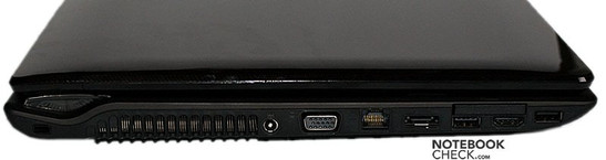 lewy bok: blokada Kensingtona, wylot wentylacji, gniazdo zasilania, VGA, LAN, e-SATA, ExpressCard/34, USB, HDMI, USB