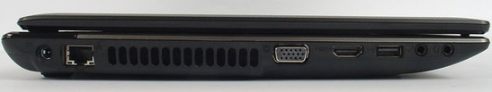 lewy bok: 2x audio, USB 2.0, HDMI, VGA, szczeliny układu chłodzenia, LAN, gniazdo zasilania