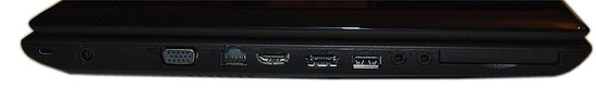 lewy bok: ExpressCard, złącza audio, USB, e-SATA, HDMI, LAN, D-Sub/VGA, gniazdo zasilania, blokada Kensingtona