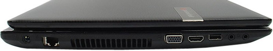 lewy bok: 2x audio, USB, HDMI, D-Sub, szczeliny wentylacyjne, LAN, gniazdo zasilania