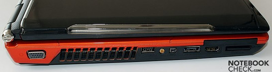 lewy bok: VGA, wylot wentylacji, USB, gniazdo antenowe, FireWire, eSATA/USB, HDMI, czytnik kart