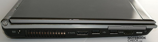 lewy bok: gniazdo zasilania, wylot wentylatora, e-SATA, USB, ExpressCard, USB, HDMI, wyłącznik WiFi