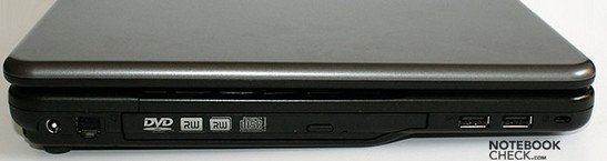 lewy bok: gniazdo zasilania, modem, napęd optyczny, 2x USB, blokada Kensingtona