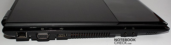lewy bok: LAN, VGA, USB, wylot wentylatora, wejście mikrofonowe, wyjście słuchawkowe
