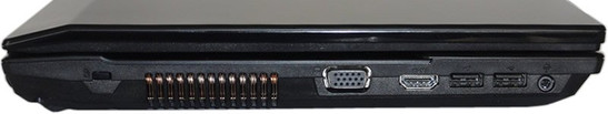 lewy bok: blokada Kensington,  wylot wentylacji, VGA,  HDMI, 2x USB, zintegrowane wejście i wyjście audio