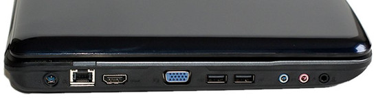 lewy bok: gniazdo zasilania, LAN, HDMI, VGA/D-Sub, 2x USB, gniazda audio