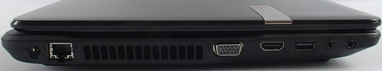 lewy bok: gniazdo zasilania, LAN, szczeliny układu chłodzenia, VGA, HDMI, USB 2.0, 2x audio