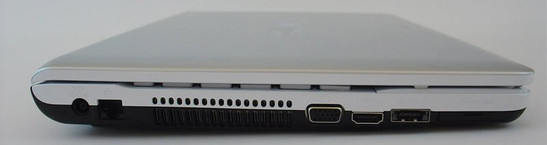 lewy bok: ExpressCard/34, eSATA/USB, HDMI, VGA/D-Sub, szczeliny wentylacyjne, LAN, gniazdo zasilania
