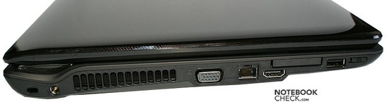 lewy bok: blokada Kensingtona, gniazdo zasilania, wylot wentylacji, VGA, LAN, HDMI, ExpressCard/34, USB, wyłącznik WiFi