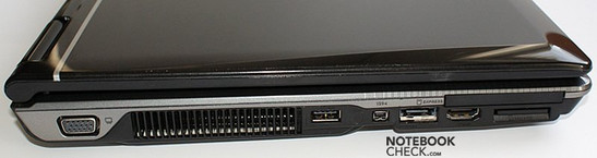 lewy bok: VGA, wylot wentylatora, USB, FireWire, eSATA, ExpressCard, HDMI, czytnik kart