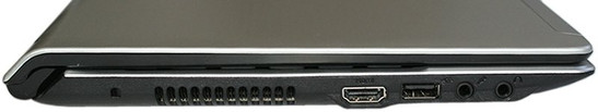 lewy bok: gniazdo blokady Kensingtona, wylot układu chłodzenia, HDMI, USB 2.0, wejście mikrofonowe, wyjście słuchawkowe