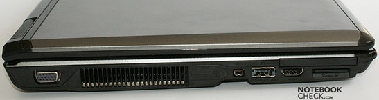lewy bok: VGA, wylot wentylatora, FireWire, e-SATA/USB, ExpressCard, HDMI, czytnik kart