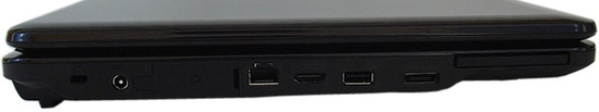 lewy bok: ExpressCard, eSATA, USB, HDMI, LAN, za gumową zasłonką D-Sub/VGA, gniazdo zasilania, blokada Kensingtona