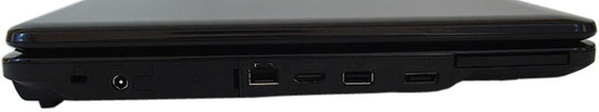 lewy bok: ExpressCard, eSATA, USB, HDMI, LAN, za gumową zasłonką D-Sub/VGA, gniazdo zasilania, blokada Kensingtona
