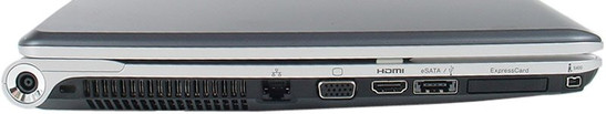 lewy bok: FireWire (S400), ExpressCard/34, eSATA/USB, HDMI, D-Sub/VGA, LAN, szczeliny układu chłodzenia, blokada Kensingtona, gniazdo zasilania