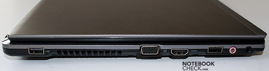 lewy bok: USB, wylot wentylacji, D-Sub/VGA, HDMI, USB, gniazda audio