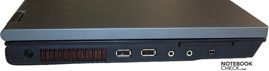 lewy bok: gniazdo zasilania, wylot, wentylatora, 2x USB, PCMCIA, wyjście słuchawkowe, wejście mikrofonowe, FireWire