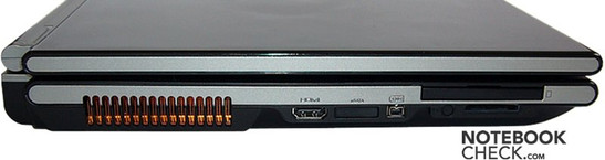 lewy bok: wylot wentylatora, HDMI, eSATA, FireWire, ExpressCard, zaślepka antenty tunera TV,  czytnik kart