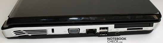 lewy bok: wylot wentylatora, blokada Kensingtona, VGA, LAN, 2x USB, PCMCIA, czytnik kart, FireWire