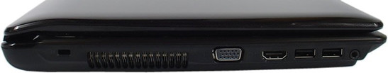 lewy bok: wejście i wyjście audio w jednym, 2x USB, HDMI, VGA/D-Sub, szczeliny układu chłodzenia, blokada Kensingtona