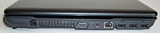 lewy bok: modem, wylot wentylacji, VGA, gniazdo zasilania, LAN, 3x USB, ExpressCard/34