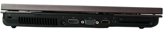 lewy bok: blokada Kensingtona, gniazdo zasilania, DisplayPort, VGA, USB 2.0, FireWire, ExpressCard/54, czytnik kart inteligentnych