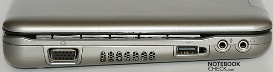 lewy bok: VGA, wylot wentylatora, USB, wejście mikrofonowe, wyjście słuchawkowe