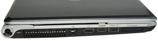 lewy bok: gniazdo zasilania, blokada Kensingtona, wylot wentylacji, LAN, VGA/D-Sub, HDMI, eSATA/USB, ExpressCard/34, iLink S400
