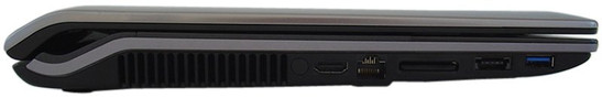 lewy bok: USB 3.0, eSATA/USB, czytnik kart, LAN, HDMI, zaślepka brakującego wyjścia antenowego, szczeliny układu chłodzenia
