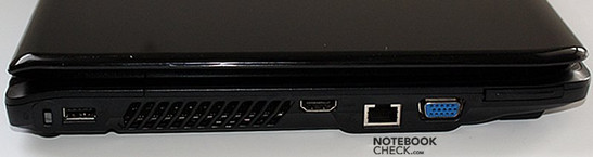 lewy bok: blokada Kensingtona, USB, wylot wentylatora, HDMI, LAN, VGA, ExpressCard34