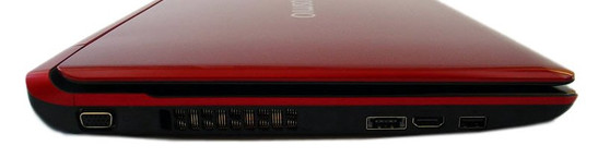 lewy bok: VGA/D-Sub, wylot wentylacji, eSATA, HDMI, USB